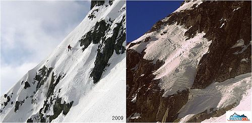 2009 vs 2014 srovnání podmínek v Gálfyho sjezdu z Malého Ladového štítu, levé foto lyžuje Rasťo Peto, foto Miro Peto