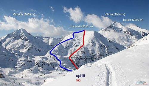 Výstupová a sjezdová trasa z vrcholu Hvoinati (2632 m) vedle Vihrenu (2914 m)